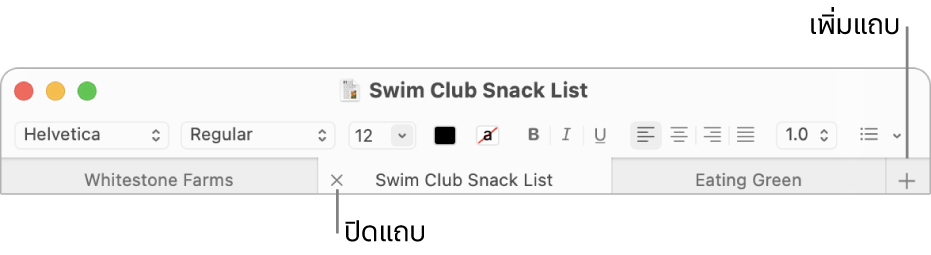หน้าต่างแอป TextEdit จะมีสามแถบในเมนูแถบอยู่ที่ด้านล่างของแถบจัดรูปแบบ แถบหนึ่งอันแสดงปุ่มปิด ปุ่มเพิ่มอยู่ที่ด้านขวาสุดของรายการแถบ