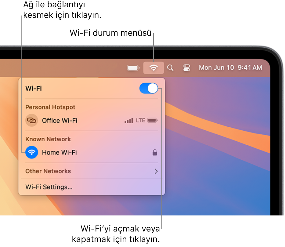 Wi-Fi durum menüsü, Wi-Fi’yi aç/kapat düğmesini, bir kişisel erişim noktasını ve bilinen ağları gösteriyor.