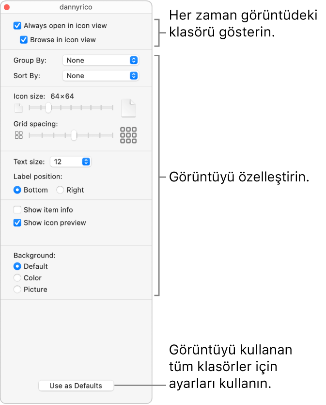 Klasör için simge görüntüsü seçenekleri.
