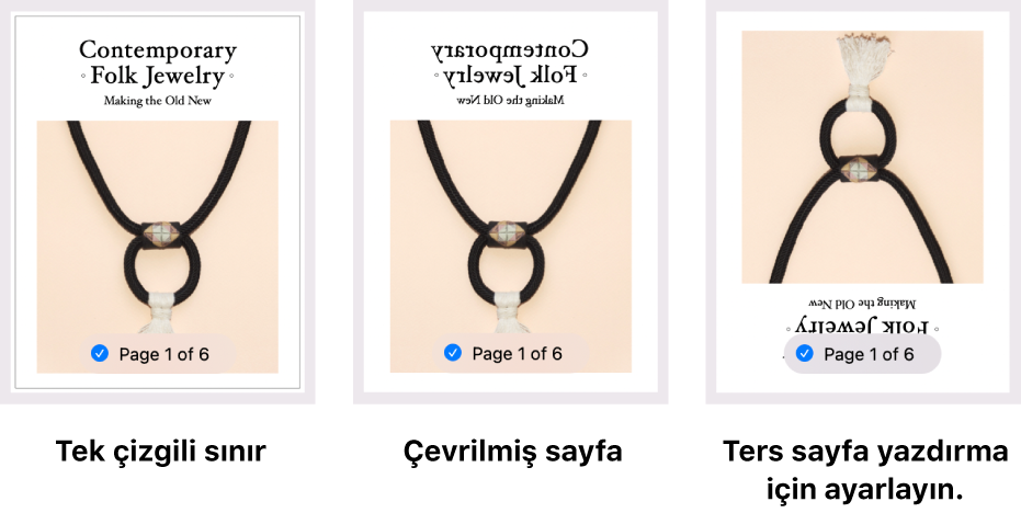 Tek çizgili sınır, çevrilmiş görüntü ve ters sayfa yazdırma için ayarlanmış bir görüntüye sahip birer taneyi gösteren sayfa önizleme örnekleri.