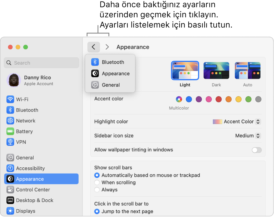 Sistem Ayarları penceresi, Geri düğmesinin altında son görüntülenen ayarları gösteriyor.