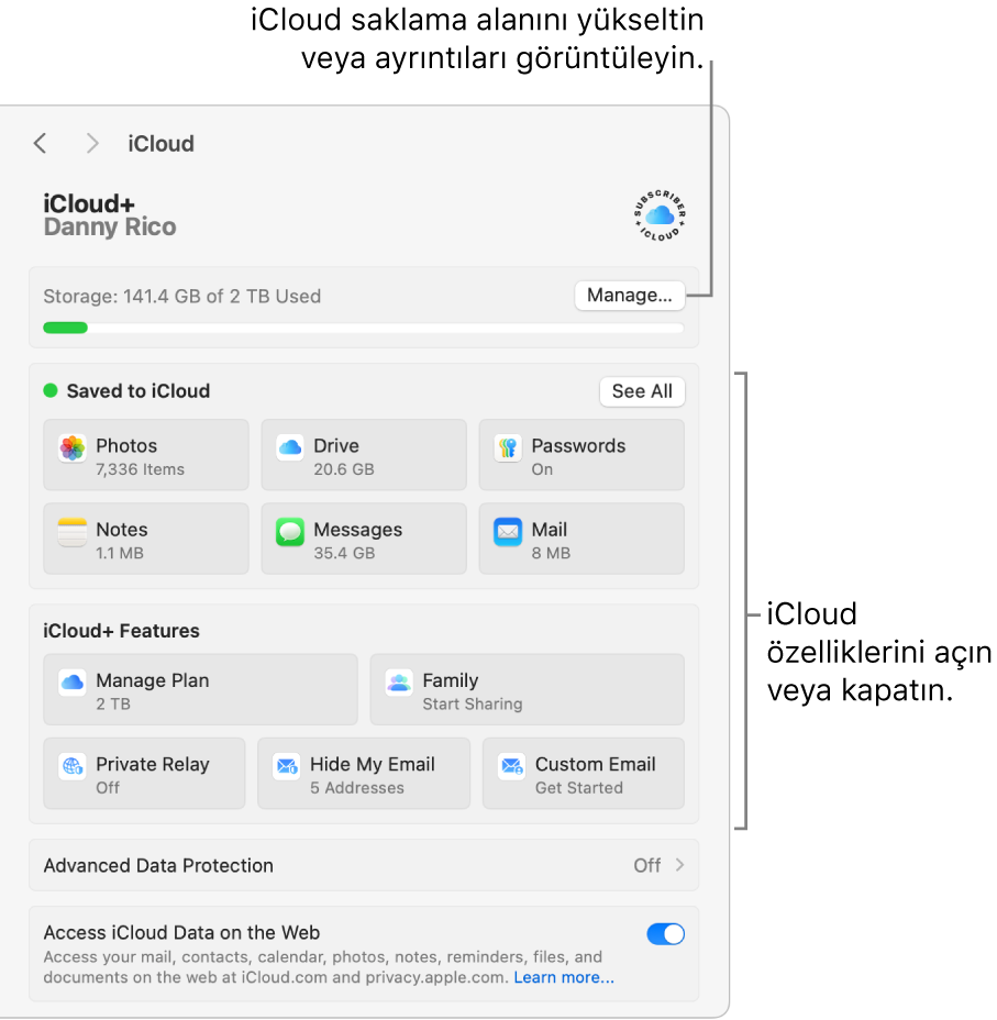 Tüm özelliklerin açıldığı iCloud ayarları.