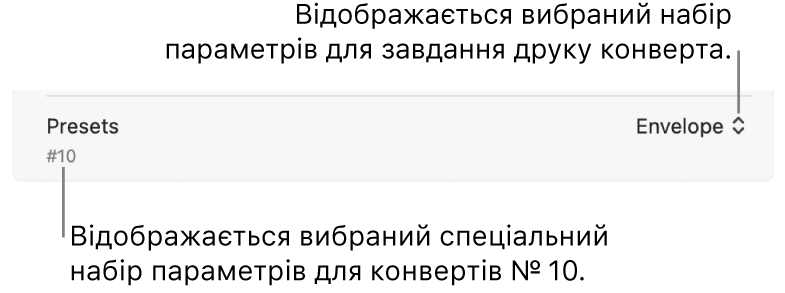 Розділ «Набори параметрів» діалогового вікна «Друк», де відображаються вибраний набір параметрів для завдання друку на конвертах і вибраний спеціальний набір параметрів для конверта № 10.