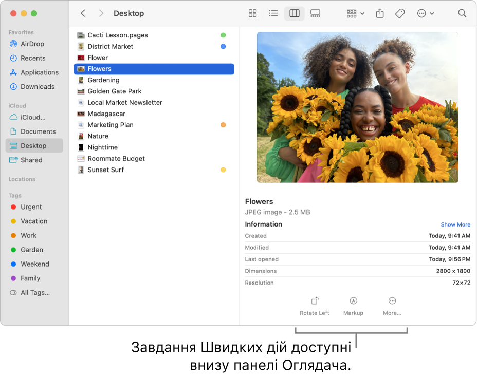 Нижня частина панелі мініатюр із кнопками для виконання швидких дій.