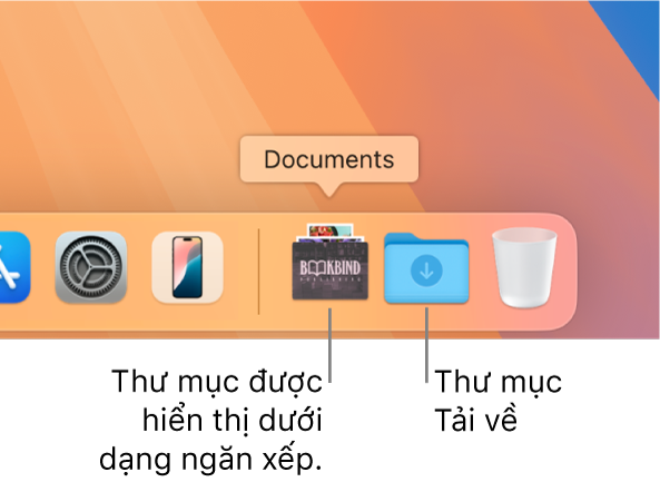 Đầu bên phải của Dock đang hiển thị thư mục được hiển thị dưới dạng ngăn xếp và thư mục Tải về được hiển thị dưới dạng thư mục.
