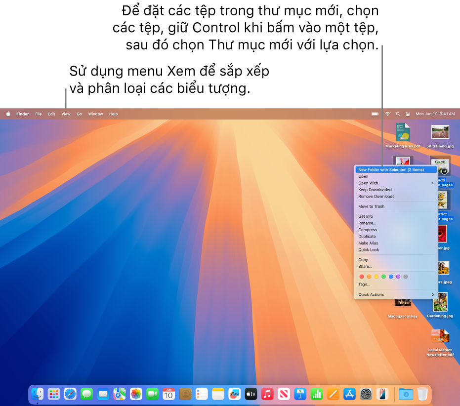 Màn hình nền đang hiển thị các tệp và thư mục. Một vài tệp được chọn để được đặt vào thư mục mới. Tác vụ giữ Control khi bấm vào tệp được chọn sẽ hiển thị menu bật lên và Thư mục mới với lựa chọn được chọn.