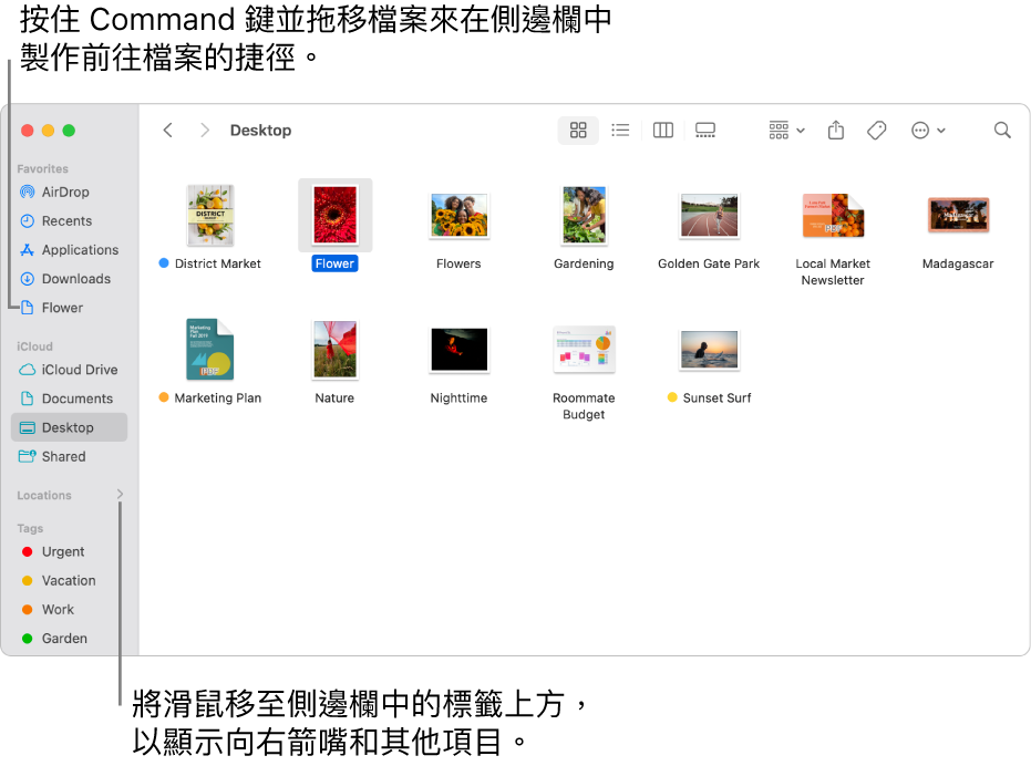 Finder 側邊欄中「位置」的右側有一個箭嘴,可以按一下它來顯示其他項目。 在右側的 Finder 視窗中,已選取一個檔案,然後在側邊欄中會有前往檔案的捷徑(位於「喜好項目」下方)。