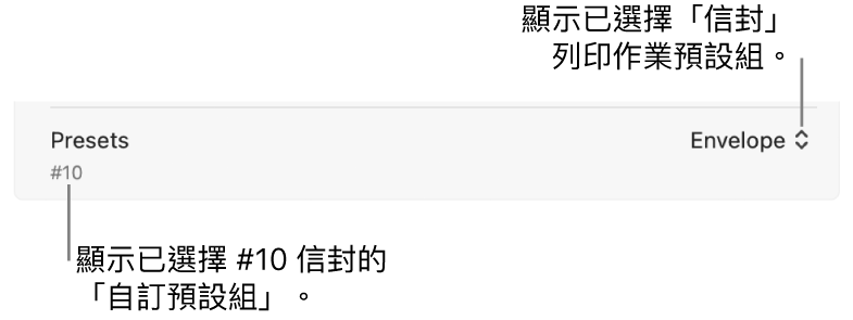 「列印」對話框的「預設組」部份顯示一個已選擇信封之列印工作預設組,以及已選擇 #10 信封的自訂預設組。