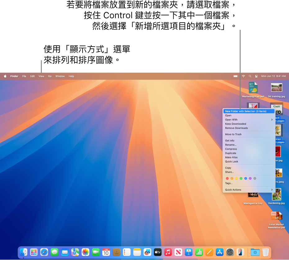 桌面顯示檔案和檔案夾。選取了多個檔案要放在新檔案夾中。按住 Control 鍵並按一下所選檔案後顯示彈出式選單，選取了「新增所選項目的檔案夾」。
