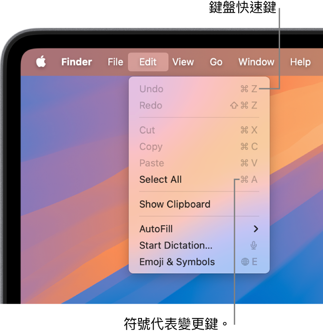 「編輯」選單在 Finder 中打開;鍵盤快速鍵在選單項目旁邊顯示。