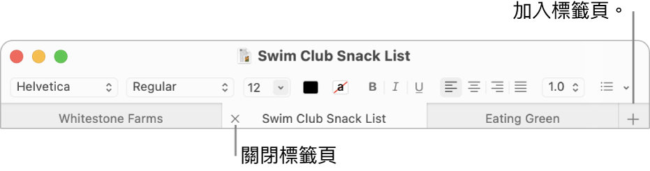 「文字編輯」視窗,標籤頁列中有三個標籤頁,位於格式列下方。一個標籤頁顯示「關閉」按鈕。「加入」按鈕位於標籤頁列的最右側。