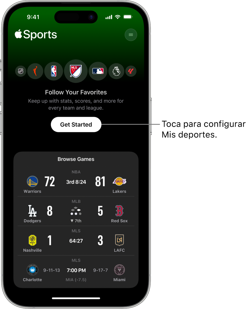 Pantalla Empezar de la app Deportes