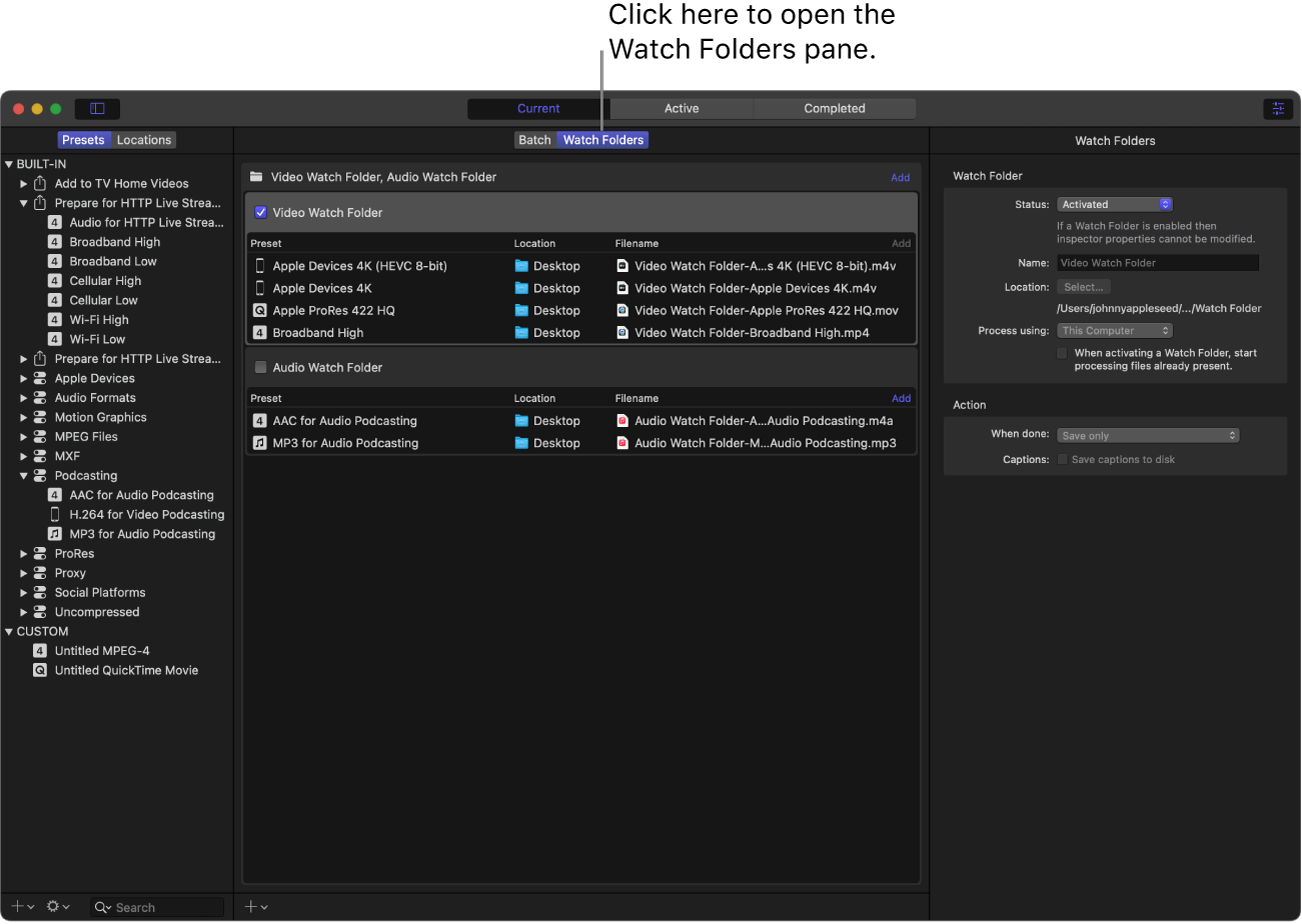 The Compressor window showing the Watch Folders pane.
