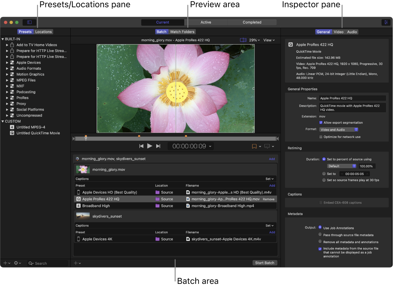 The Compressor window in Current view with the Presets/Locations pane, preview area, batch area, and inspector pane showing.