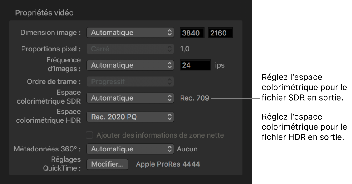 Inspecteur de tâche de Compressor affichant les propriétés vidéo d’un paquet iTunes Store.