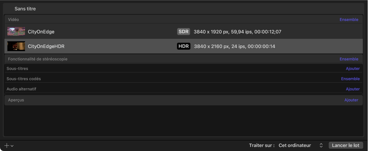 Zone du lot de Compressor affichant des rangées de sortie pour la vidéo SDR et la vidéo HDR dans un paquet iTunes Store.