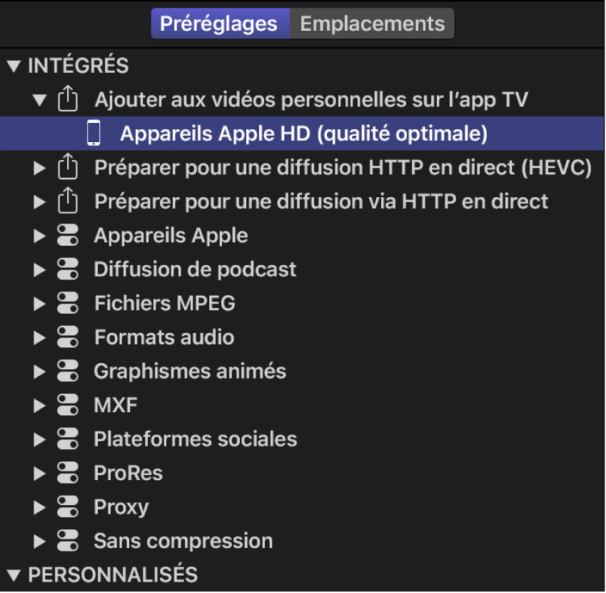 Préréglage intégré sélectionné dans la fenêtre Préréglages de Compressor.