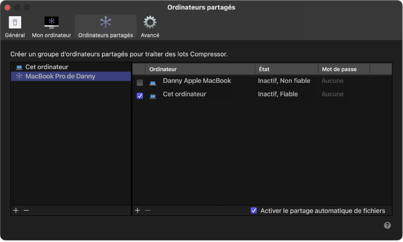 Réglages Ordinateurs partagés de Compressor affichant un ordinateur considéré comme non fiable.