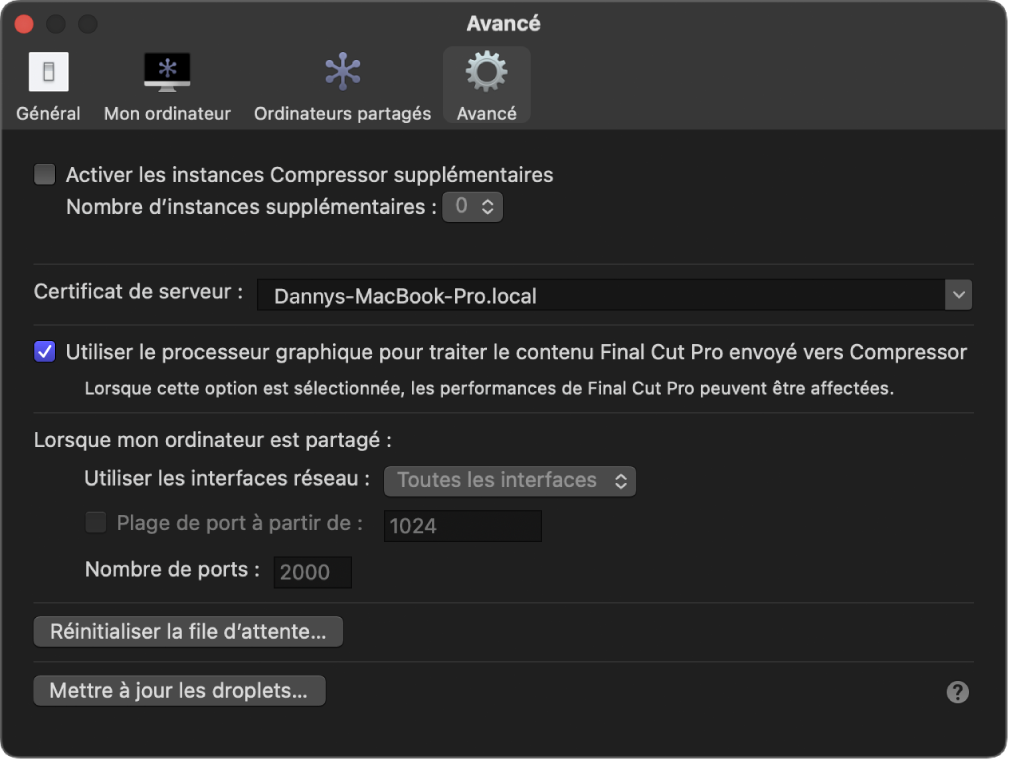 Fenêtre Réglages avancés dans Compressor.