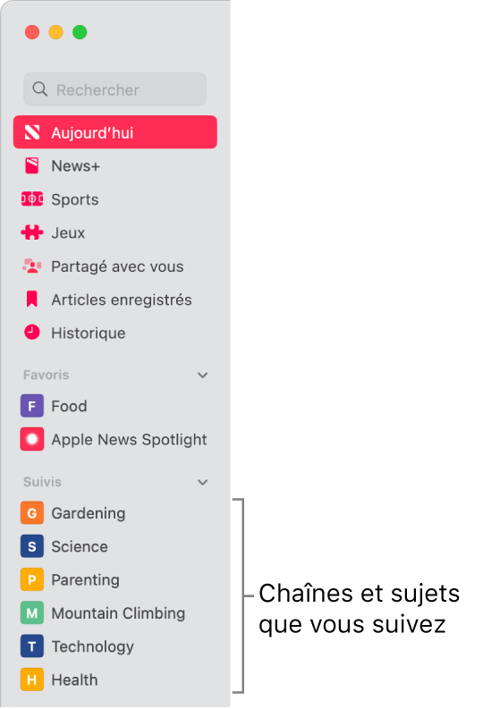 La barre latérale Apple News affichant les chaînes et les sujets suivis.