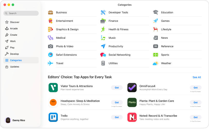 La pàgina “Categories” de la Mac App Store. La barra lateral de l’esquerra també inclou enllaços a altres pàgines: Descobreix, Arcade, Crea, Treballa, Juga, Desenvolupa i Actualitzacions.