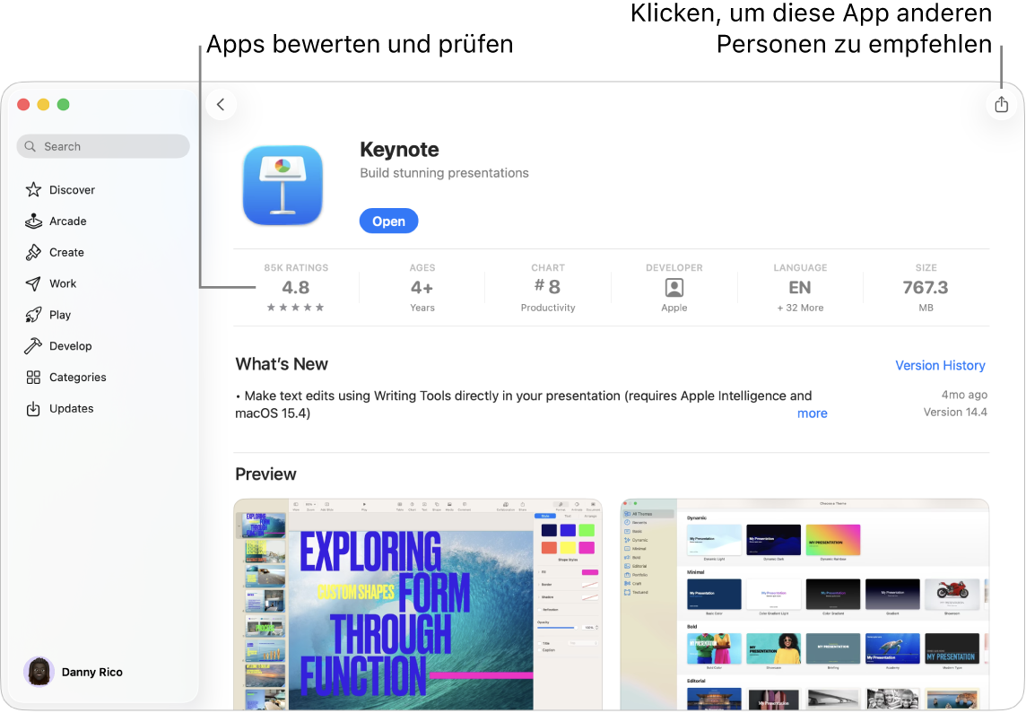 Die Informationsseite der App „Keynote“ im App Store auf dem Mac.