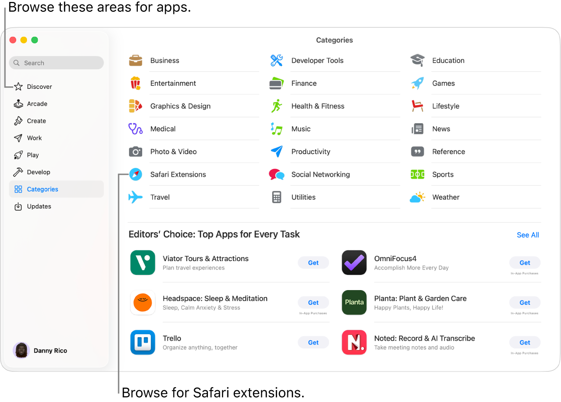 The Categories Mac App Store page. The sidebar on the left also includes links to other pages: Discover, Arcade, Create, Work, Play, Develop and Updates.