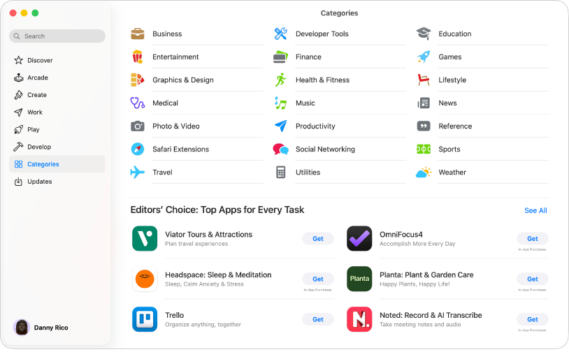 The Categories Mac App Store page. The sidebar on the left also includes links to other pages: Discover, Arcade, Create, Work, Play, Develop, and Updates.