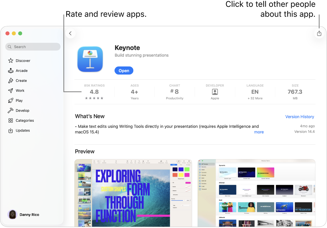 The Keynote app description page in the App Store on Mac.