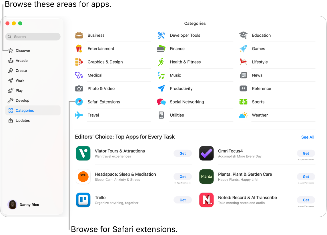 The Categories Mac App Store page. The sidebar on the left also includes links to other pages: Discover, Arcade, Create, Work, Play, Develop, and Updates.