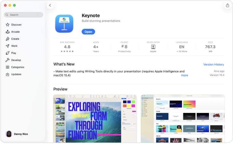 The Keynote app description page in the App Store on Mac.