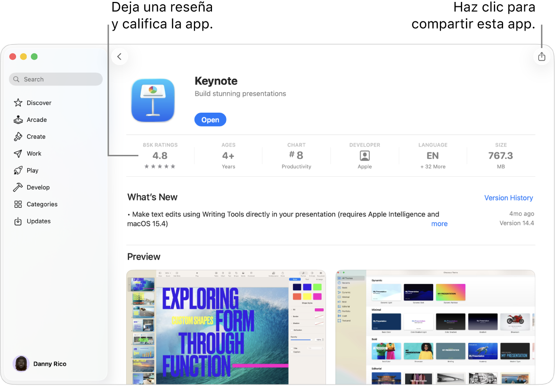 La página de descripción de la app Keynote en App Store en la Mac.
