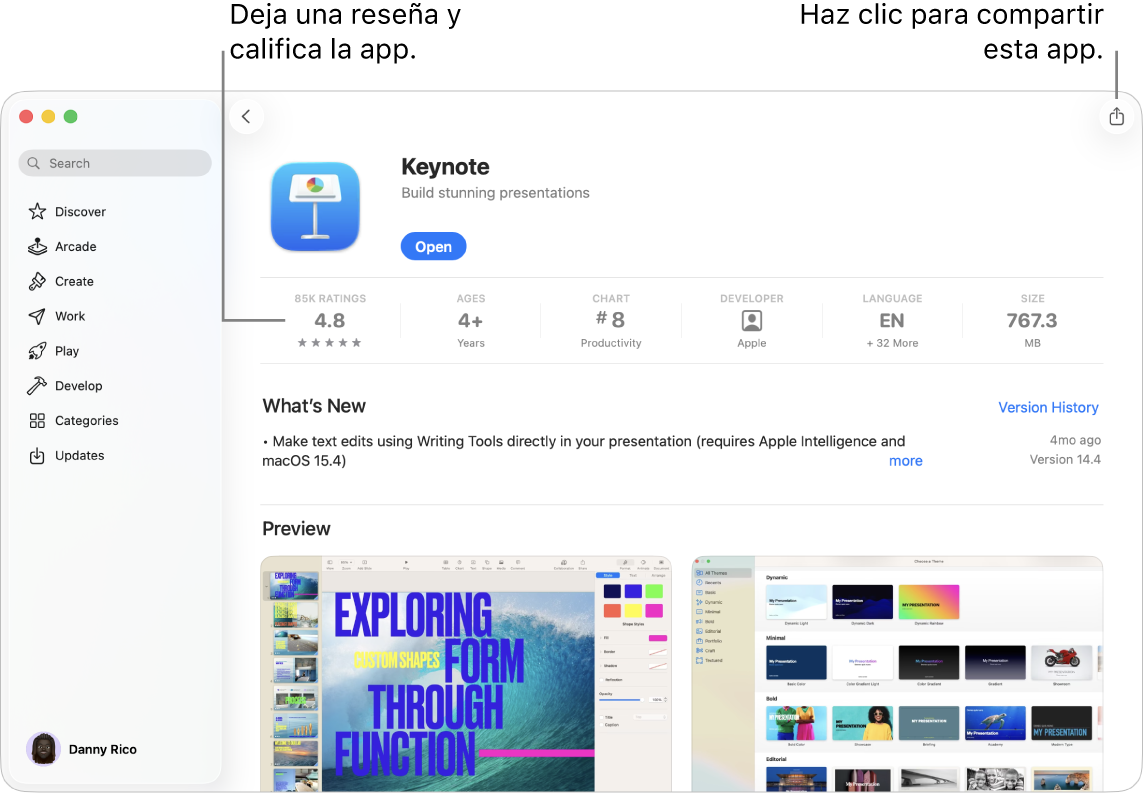 La página de descripción de la app Keynote en App Store en el Mac.