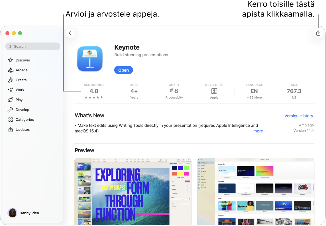 Keynote-apin kuvaussivu Macin App Storessa.