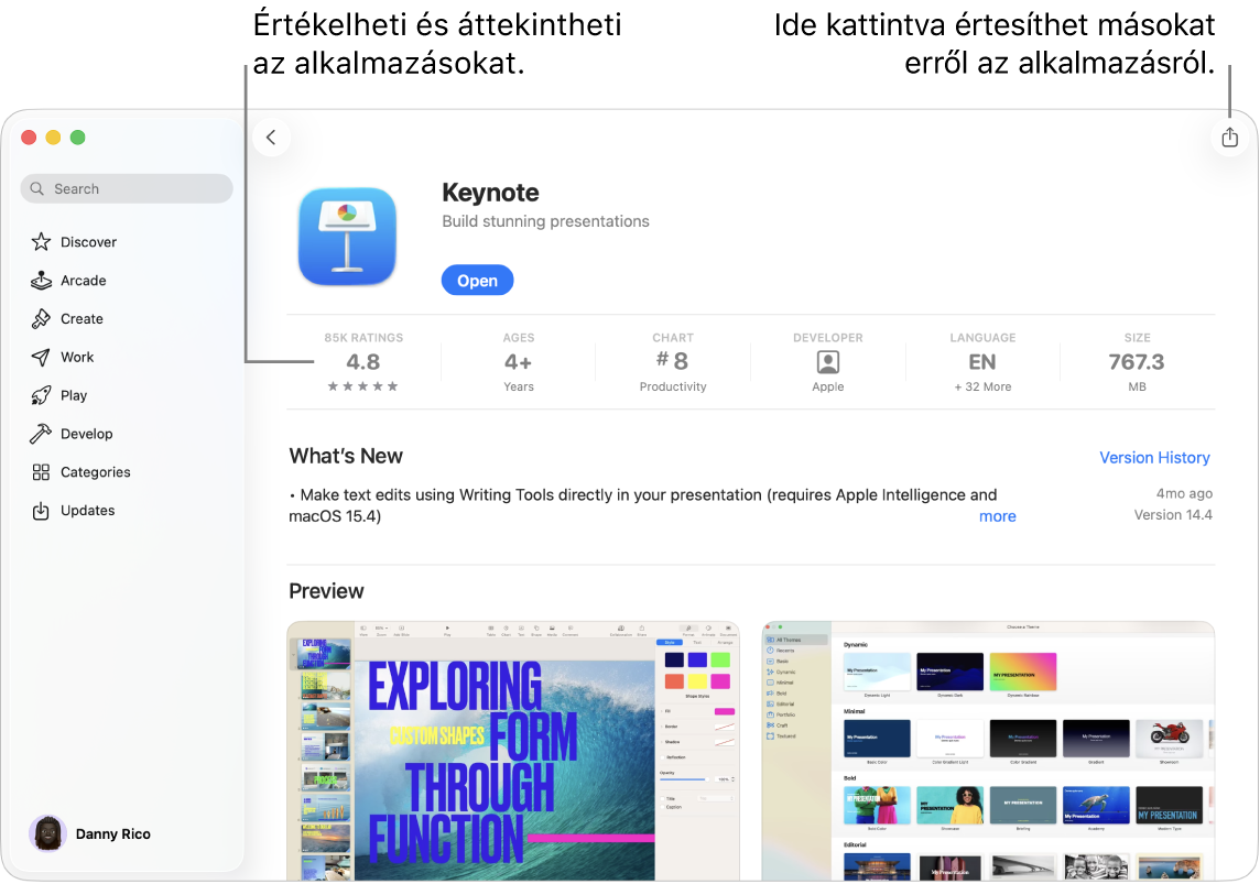 A Keynote app leírását tartalmazó oldal a Mac App Store appjában.