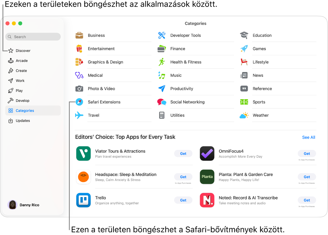 A Mac App Store appjának Kategóriák oldala. A bal oldali oldalsávon is láthatók más oldalakra mutató hivatkozások: Felfedezés, Arcade, Alkotás, Munka, Játék, Fejlesztés és Frissítések.