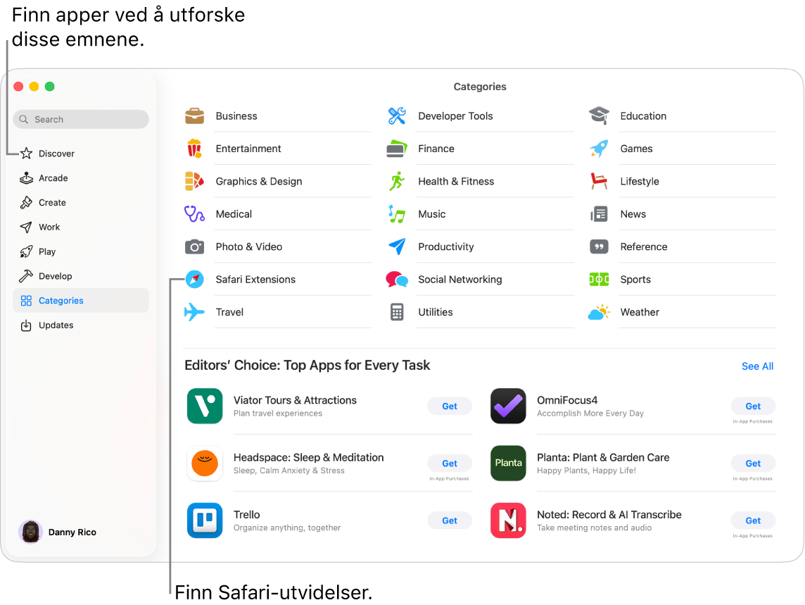 Kategorier-siden i Mac App Store. Sidepanelet til venstre inneholder også lenker til andre sider: Oppdag, Arcade, Skap, Arbeid, Spill, Utvikle og Oppdateringer.