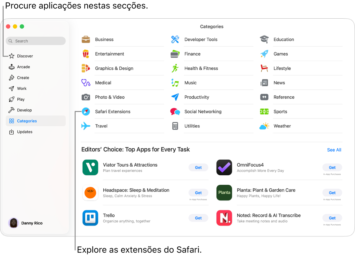 A página Categorias da Mac App Store. A barra lateral à esquerda também inclui links para outras páginas: Descubra, Arcade, Crie, Trabalhe, Jogue, Desenvolva e Atualizações.