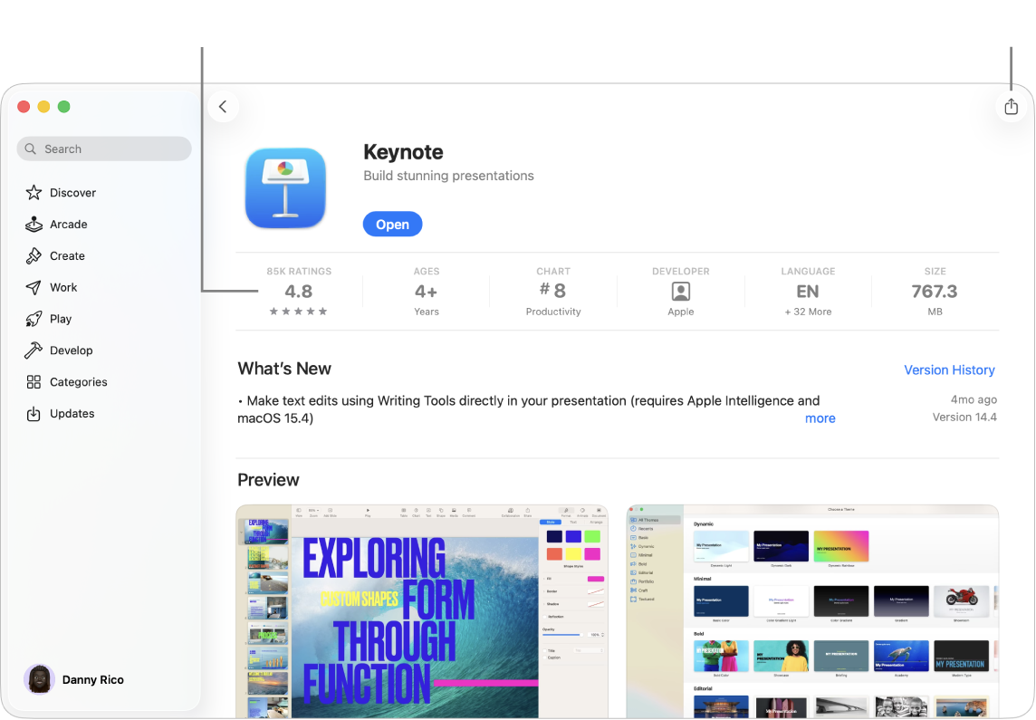 A página de descrição do app Keynote na App Store do Mac.