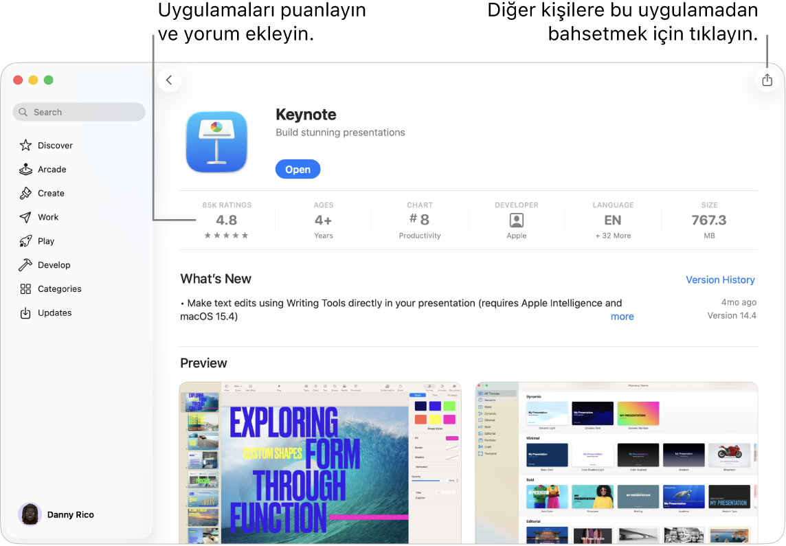 Mac’teki App Store’da Keynote uygulamasının açıklama sayfası.