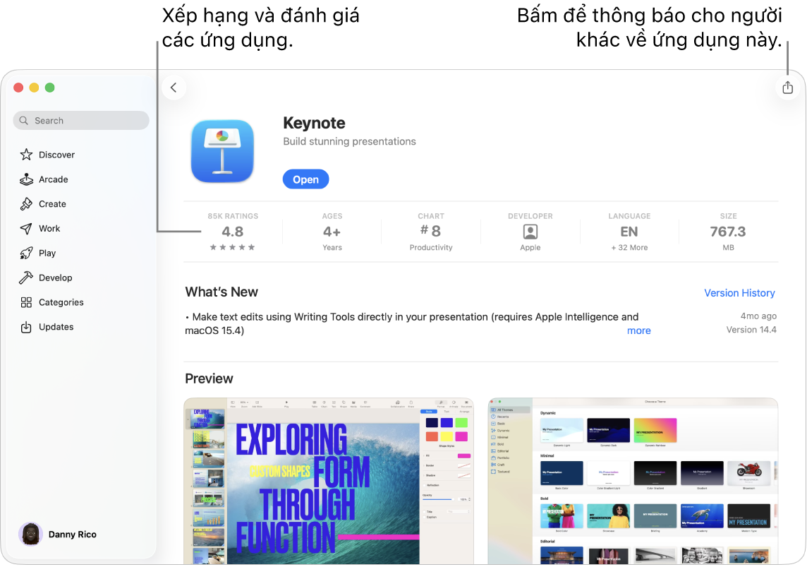 Trang mô tả ứng dụng Keynote trong App Store trên máy Mac.