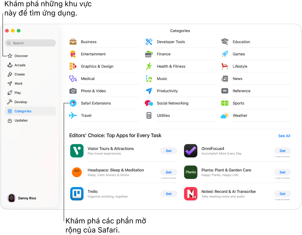 Trang Danh mục của Mac App Store. Thanh bên ở bên trái cũng bao gồm liên kết đến các trang khác: Khám phá, Arcade, Sáng tạo, Làm việc, Giải trí, Phát triển và Cập nhật.