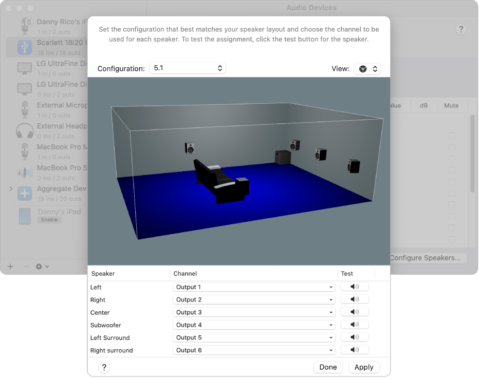 The Configure Speakers dialog showing options for a multichannel device. The 3D view shows six speakers positioned in the room. A list of speaker names appears at the bottom with pop-up menus used to select channels.