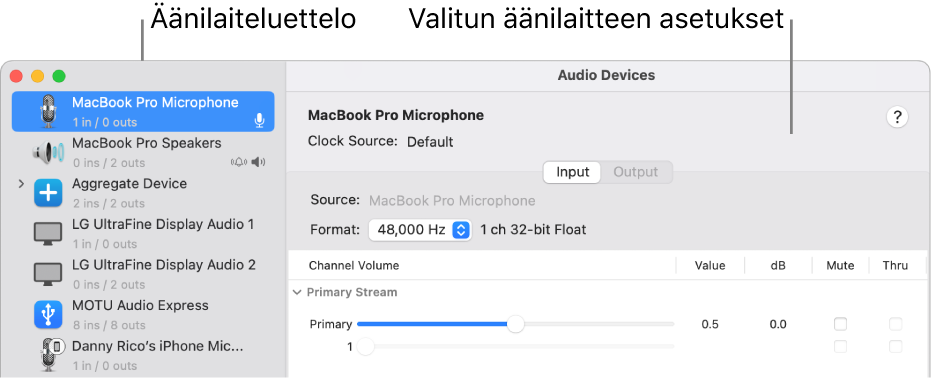 Äänilaitteet-ikkuna.