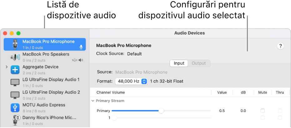 Fereastra Dispozitive audio.