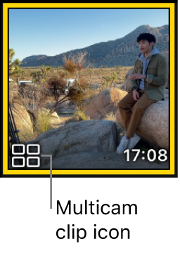 The thumbnail of a clip in the browser with a multicam clip icon in the lower-left corner.