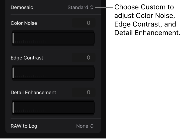 Inspector con los ajustes de cámara para el vídeo ProRes RAW grabado en el iPhone, como “Interpolación cromática”, “Ruido de color”, “Contraste de bordes”, “Mejora del detalle” y “De RAW a Log”.