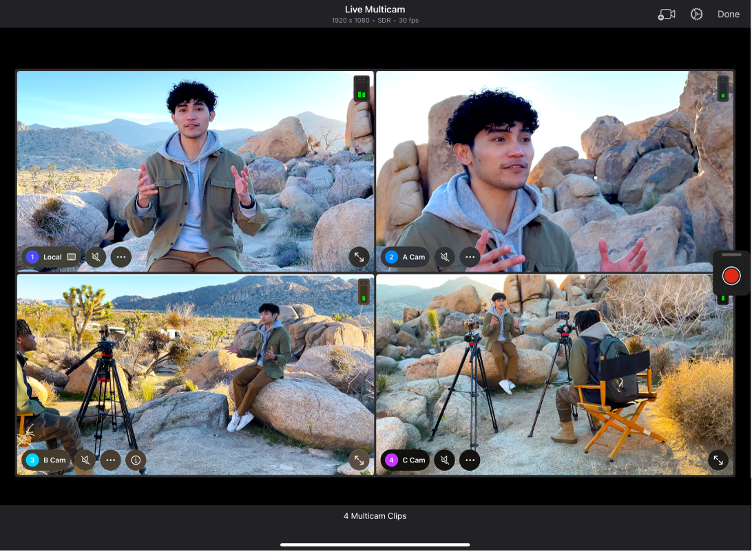 Sesión de grabación Multicam en directo con cuatro ángulos de cámara.