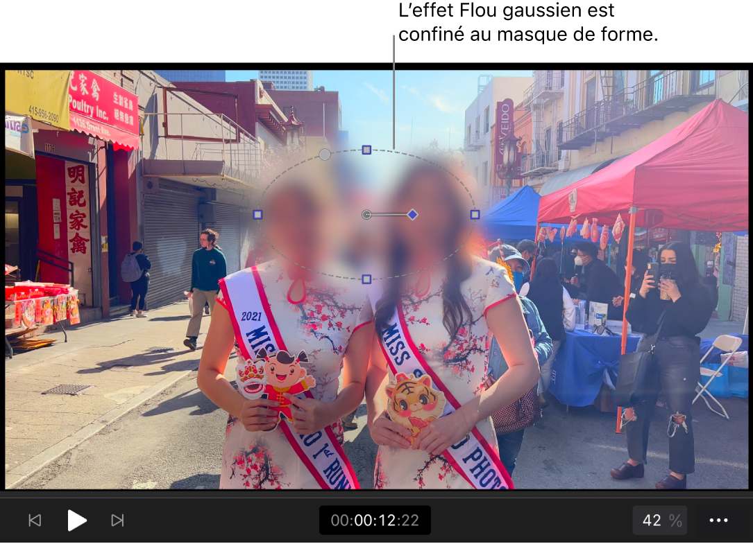 Le visualiseur montrant un masque de forme limitant l’effet « Flou gaussien » à une petite zone ovale de l’image.