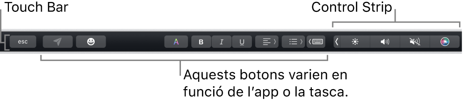 La Touch Bar, situada a la part superior del teclat, que mostra la Control Strip contreta, a la dreta, i botons que varien segons l'aplicació o la tasca.